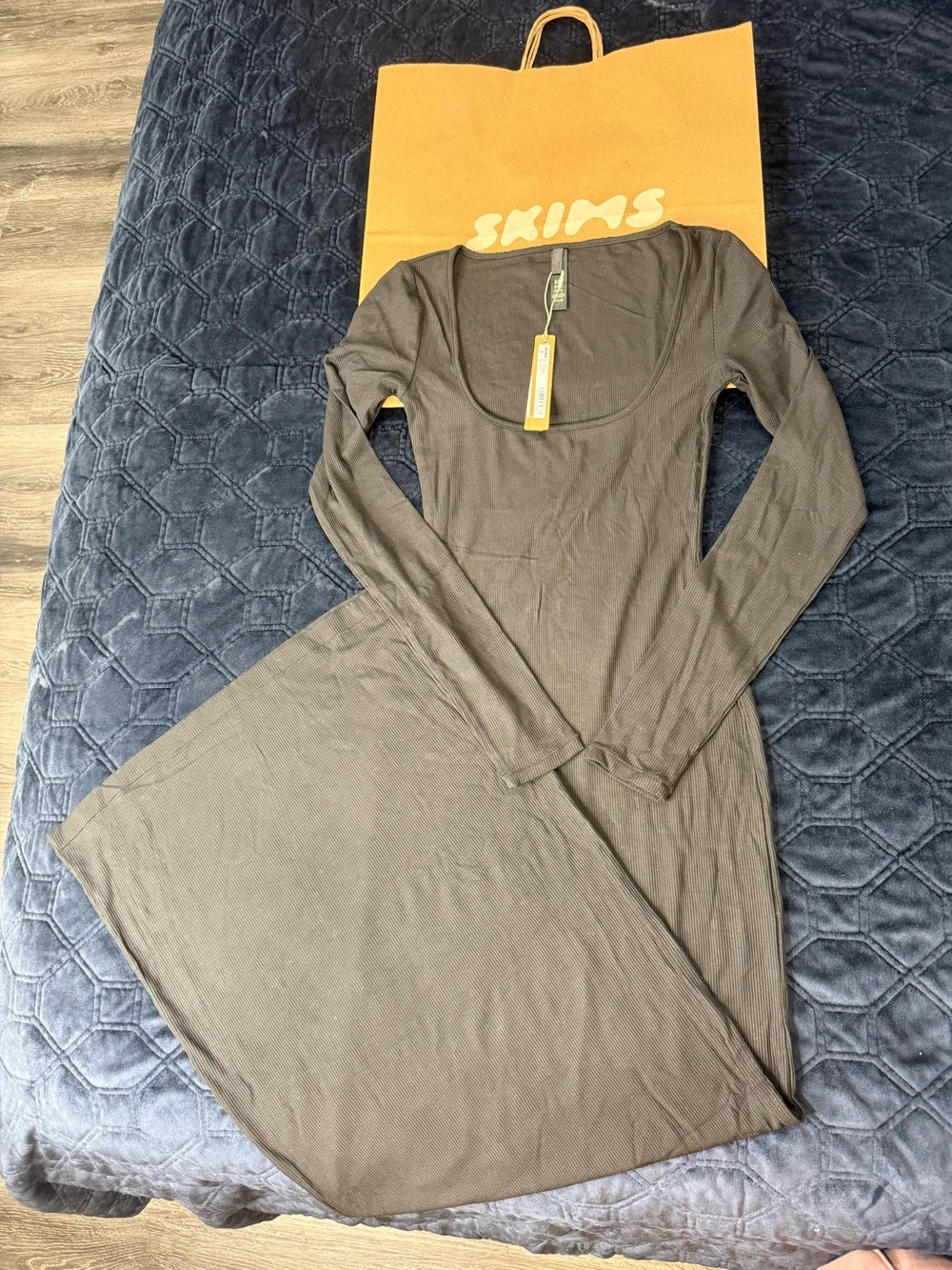 SKIMS Long Sleeve Scoop-Neck Maxi Dress in Taupe Brown